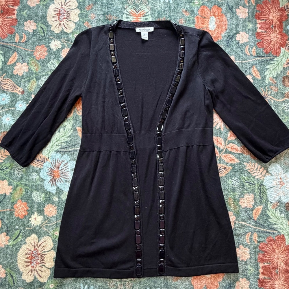 White‎ House Black Market Silk Cotton Jewel Trim Cardigan Black Large Longline